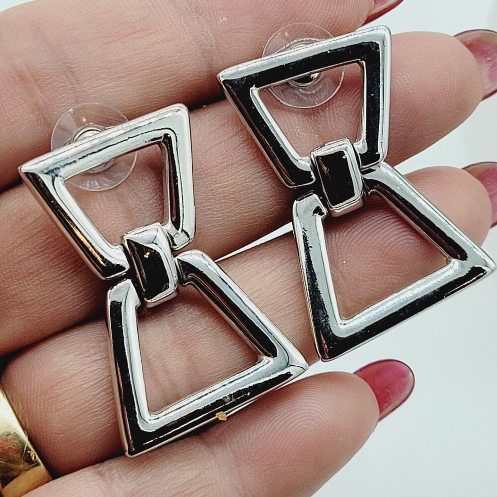 Vintage Monet Silver Tone Geometric Dangle Earrings Business Casual Pierced